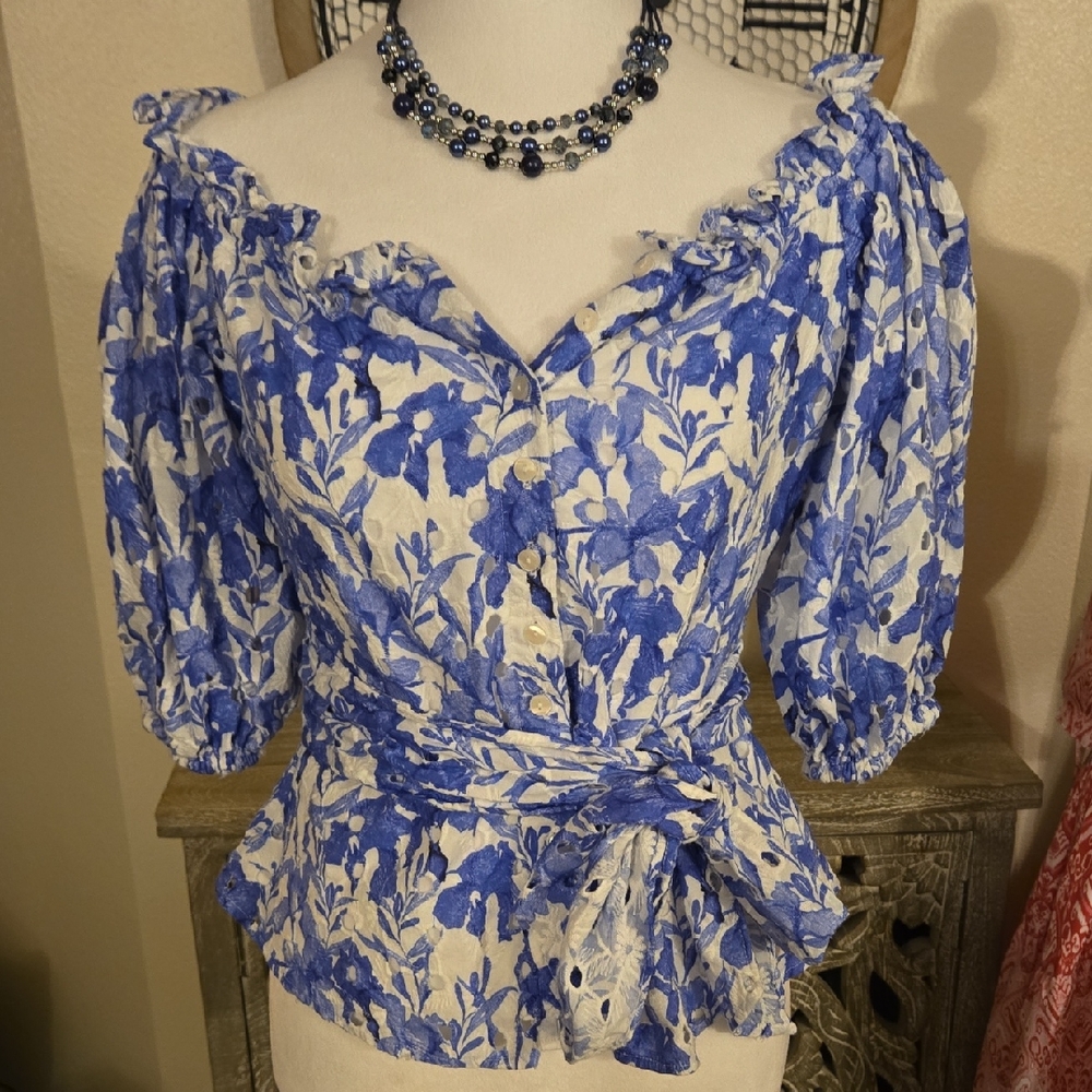 Boston Proper Blue Floral Eyelet Linen Blouse